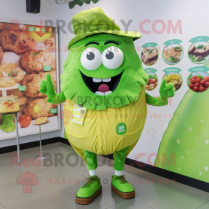 Lime Green Falafel mascot costume character dressed with a Cargo Shorts and Lapel pins