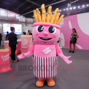 Pink French Fries mascot costume character dressed with a Overalls and Headbands