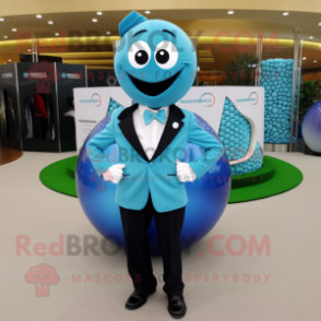 Cyan Golf Ball mascot costume character dressed with a Suit and Rings