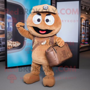 Brown Bagels mascot costume character dressed with a Overalls and Handbags