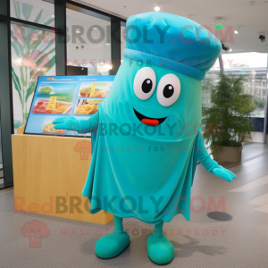 Turquoise Lasagna mascot costume character dressed with a Cover-up and Berets