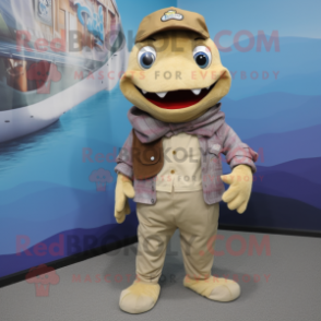 Tan Cod mascot costume character dressed with a Romper and Scarf clips