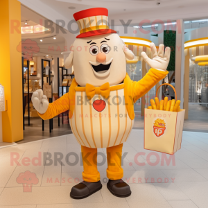 Cream French Fries mascot costume character dressed with a Romper and Handbags