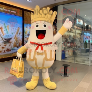 Cream French Fries mascot costume character dressed with a Romper and Handbags