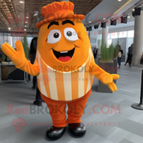 Orange French Fries mascot costume character dressed with a Dress Shirt and Suspenders