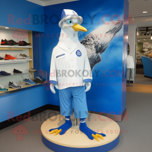 Blue Gull mascot costume character dressed with a Cover-up and Shoe clips