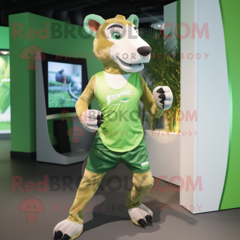 Green Thylacosmilus mascot costume character dressed with a Running Shorts and Keychains