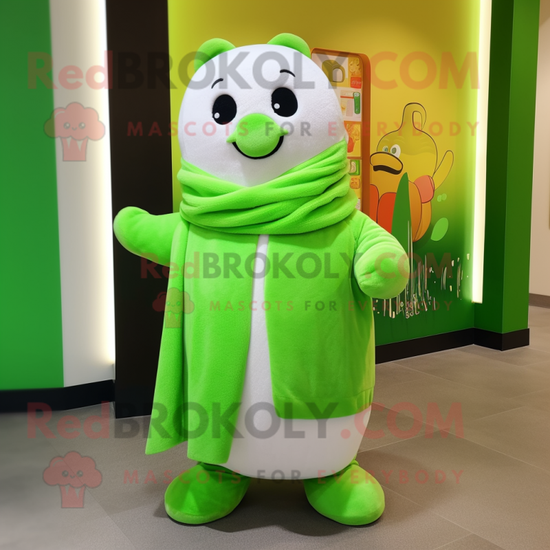 Lime Green Ermine mascot costume character dressed with a Sweatshirt and Scarves