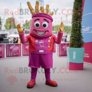 Magenta French Fries mascot costume character dressed with a Playsuit and Belts