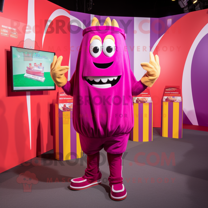 Magenta French Fries mascot costume character dressed with a Playsuit and Belts