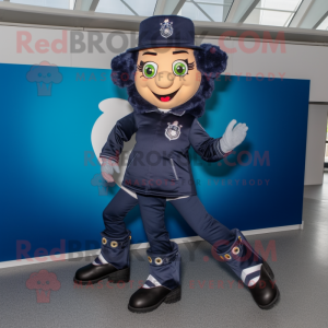 Navy Irish Dancing Shoes mascot costume character dressed with a Jeans and Mittens