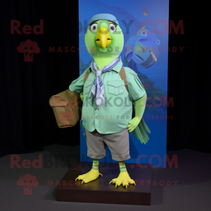 Lime Green Pigeon mascot costume character dressed with a Chambray Shirt and Messenger bags