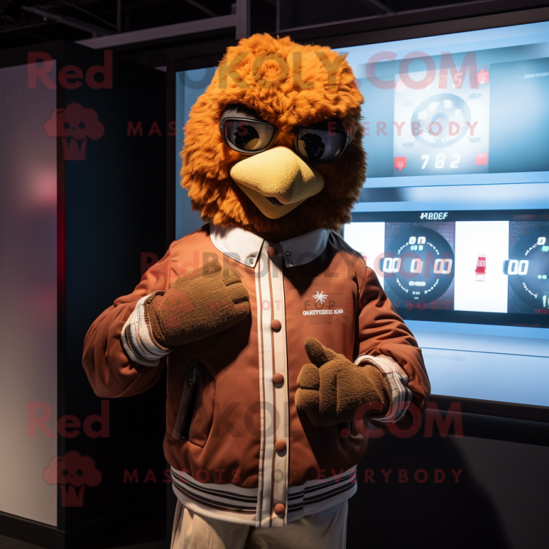 Brown Fried Chicken mascot costume character dressed with a Bomber Jacket and Smartwatches