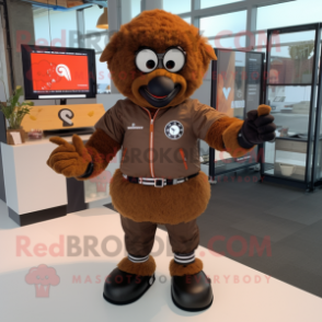 Brown Fried Chicken mascot costume character dressed with a Bomber Jacket and Smartwatches