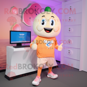 Peach Ice Cream mascot costume character dressed with a Running Shorts and Digital watches