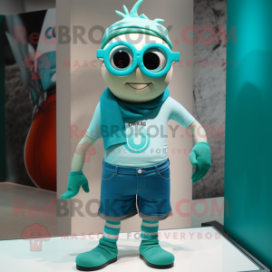 Turquoise Irish Flag mascot costume character dressed with a Tank Top and Eyeglasses