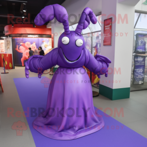 Purple Lobster Bisque mascot costume character dressed with a Evening Gown and Shoe laces