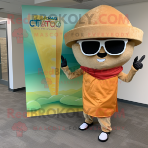 Tan Tacos mascot costume character dressed with a Sheath Dress and Sunglasses
