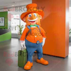 Orange Leprechaun Hat mascot costume character dressed with a Jeans and Clutch bags
