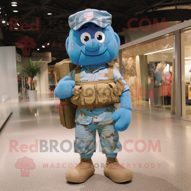 Blue American Soldier mascot costume character dressed with a Cargo Shorts and Messenger bags