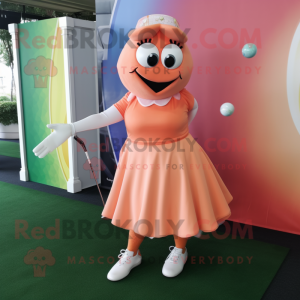 Peach Golf Ball mascot costume character dressed with a Midi Dress and Bracelet watches