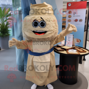 Beige Sushi mascot costume character dressed with a Chambray Shirt