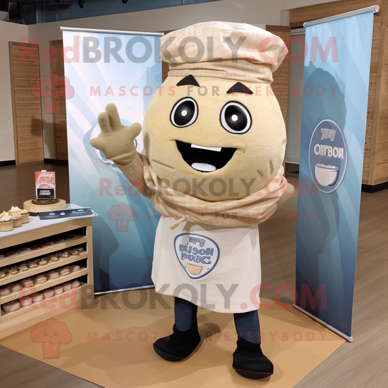 Beige Sushi mascot costume character dressed with a Chambray Shirt
