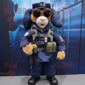 Navy Special Air Service mascot costume character dressed with a Vest and Backpacks