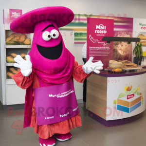 Magenta Fajitas mascot costume character dressed with a Maxi Dress and Mittens