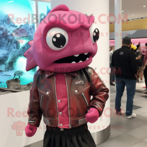 Pink Piranha mascot costume character dressed with a Leather Jacket and Watches