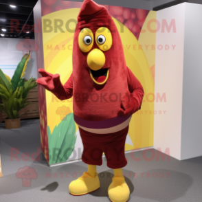 Maroon Banana mascot costume character dressed with a Playsuit and Beanies