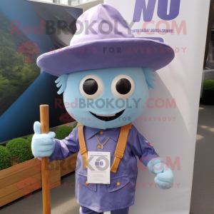Lavender Miso Soup mascot costume character dressed with a Chambray Shirt and Hat pins