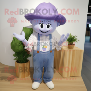 Lavender Miso Soup mascot costume character dressed with a Chambray Shirt and Hat pins