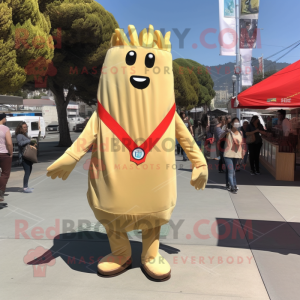 Olive French Fries mascot costume character dressed with a Dress Pants and Messenger bags