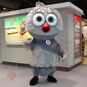 Gray Cherry mascot costume character dressed with a Henley Tee and Scarves