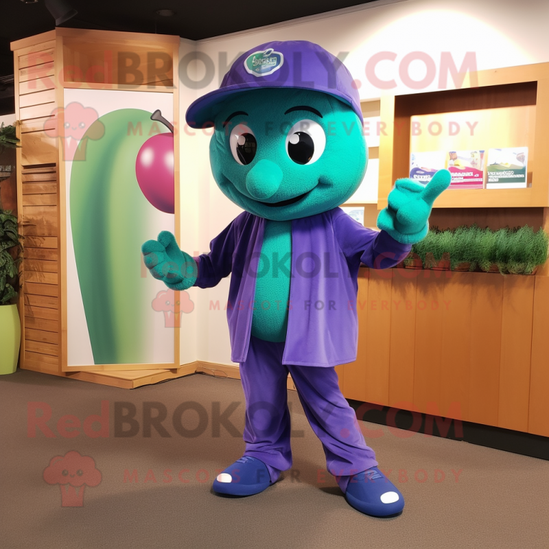 Teal Grape mascot costume character dressed with a Capri Pants and Caps