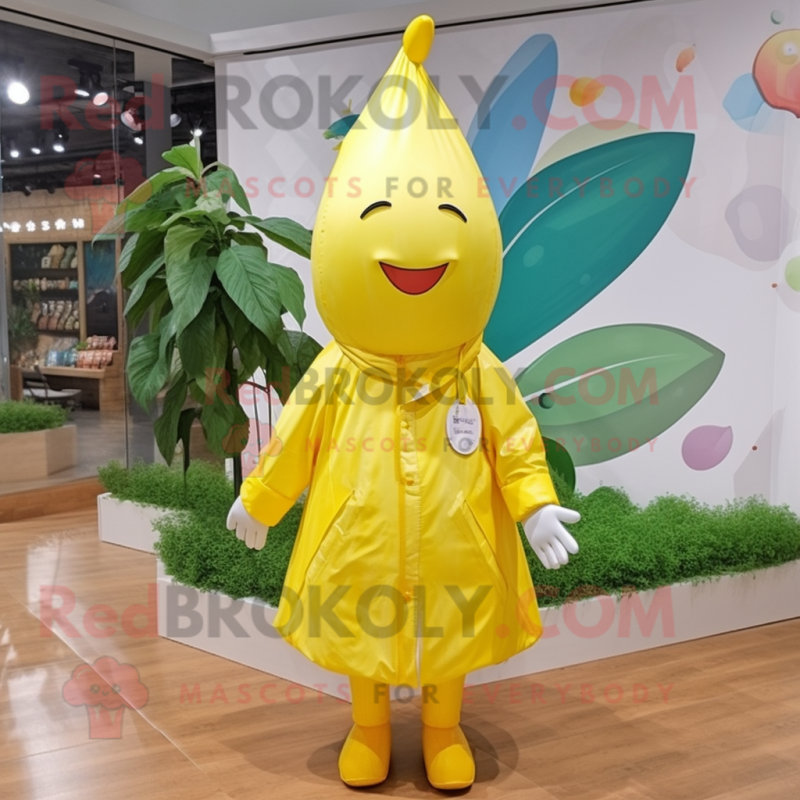 Lemon Yellow Mango mascot costume character dressed with a Raincoat and Headbands