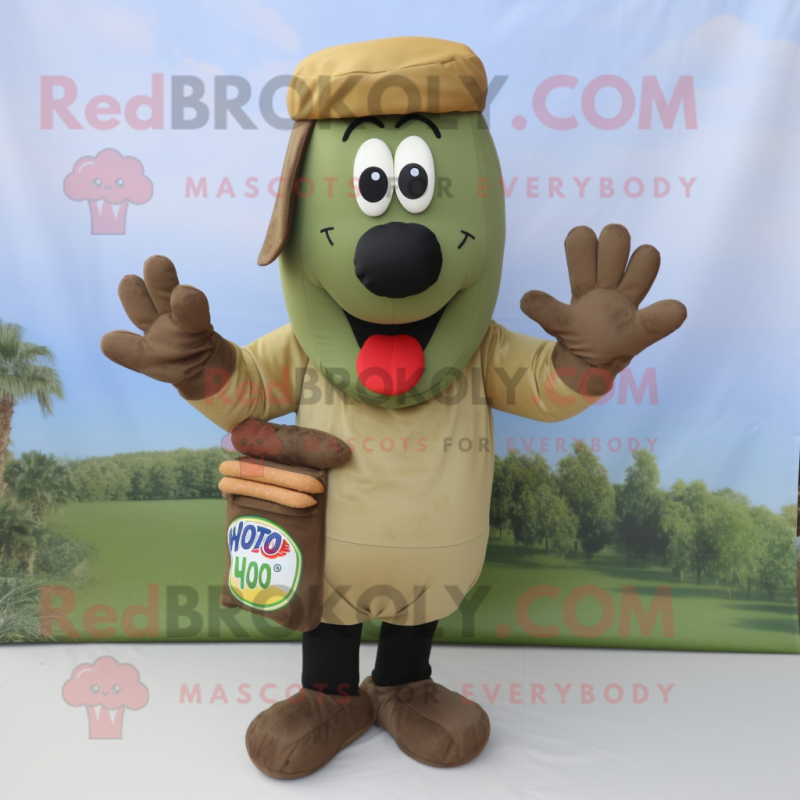 Olive Hot Dogs mascot costume character dressed with a Cargo Shorts and Mittens