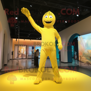 Lemon Yellow Trapeze Artist mascot costume character dressed with a Jumpsuit and Gloves