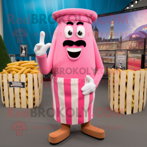 Pink French Fries mascot costume character dressed with a Cargo Shorts and Rings