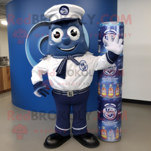 Navy Soda Can mascot costume character dressed with a Oxford Shirt and Hair clips