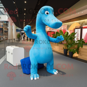 Sky Blue Diplodocus mascot costume character dressed with a Yoga Pants and Handbags