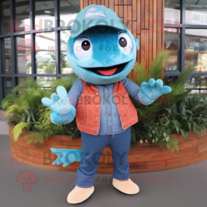 Turquoise Salmon mascot costume character dressed with a Denim Shirt and Gloves