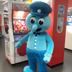 Cyan Gumball Machine mascot costume character dressed with a Trousers and Hat pins