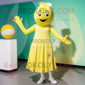 Lemon Yellow Juggle mascot costume character dressed with a Maxi Dress and Brooches