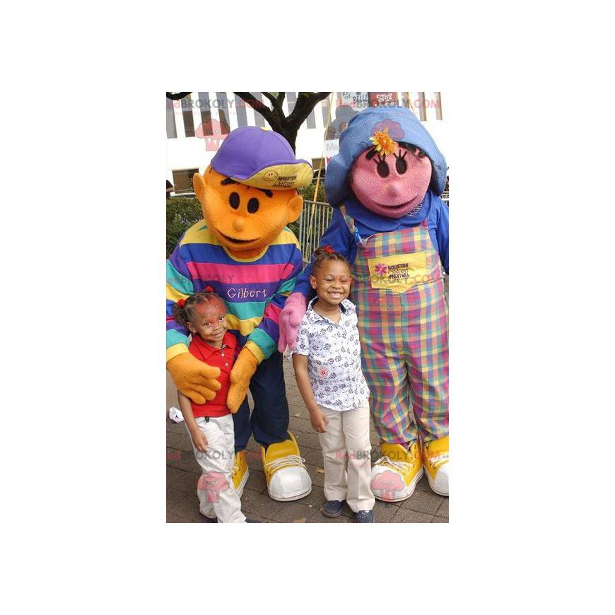 2 mascottes : une fille rose et un garçon orange -