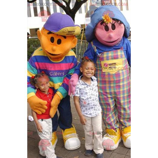 2 mascottes : une fille rose et un garçon orange -