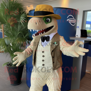 Cream Spinosaurus mascot costume character dressed with a Suit and Caps