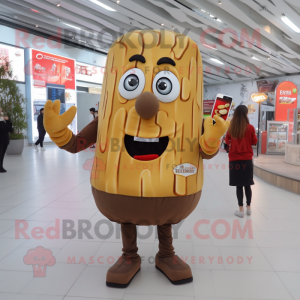 Brown French Fries mascot costume character dressed with a Skinny Jeans and Coin purses
