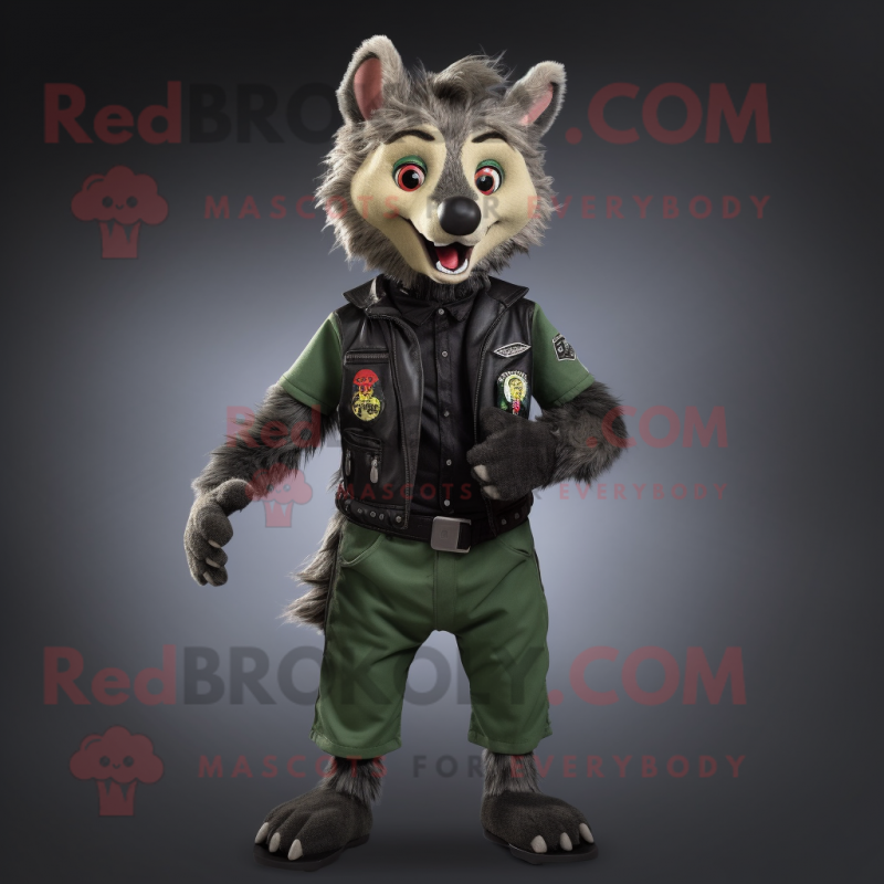 Olive Hyena mascot costume character dressed with a Biker Jacket and Suspenders Mascot Costumes Redbrokoly Sizes L 175 180CM